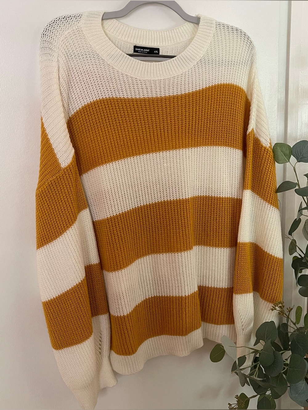 SHEIN Cream & Mustard Striped Crewneck Sweater